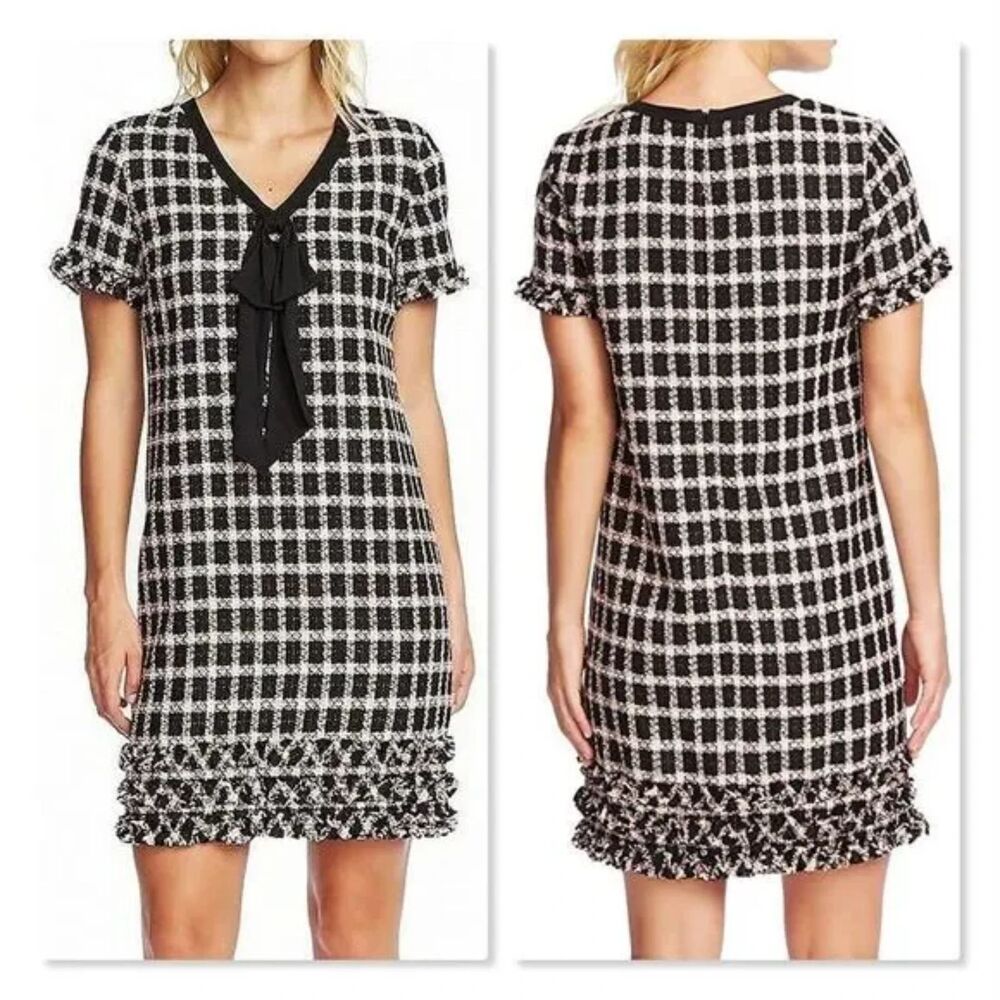 CECE Tweed Bow Front Short Sleeve Mini Dress - Pink/Black 4